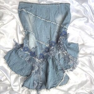 West 36 Y2K Denim Handkerchief Skirt Blue Floral Lace Sequin Embellished XL